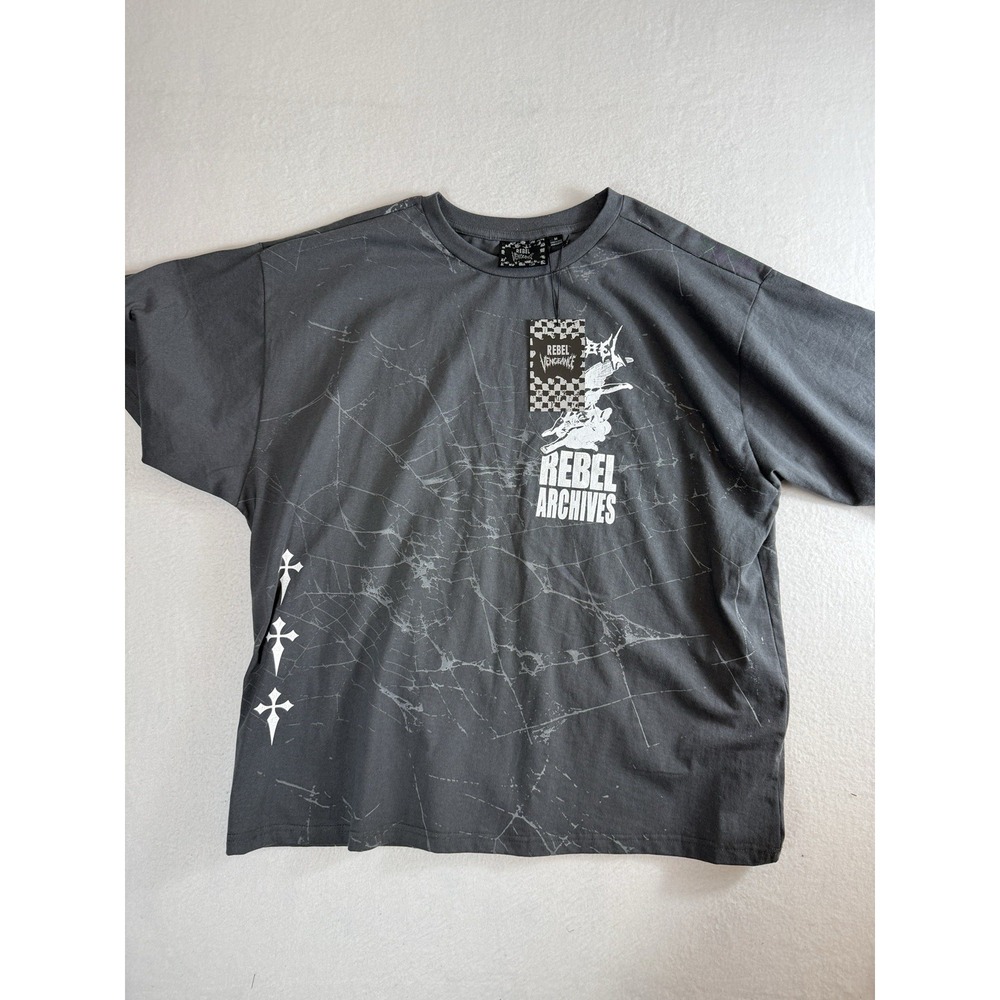 Rebel Vengeance Rebel Archives Graphic T Shirt Mens Charcoal Grey Wash NWT M